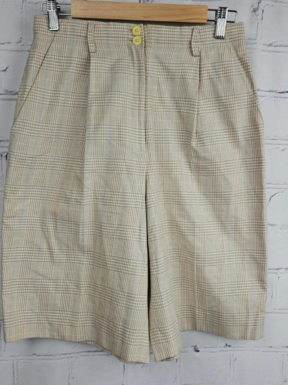 Vintage Plaid Worth Womens 8 Beige Long Bermuda Wide Shorts High Waist FLAW